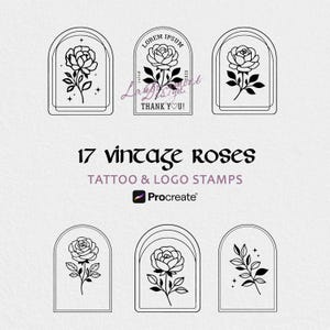 Puede incluir: Una colección de 17 sellos vintage de tatuajes y logotipos de rosas en blanco y negro. Los diseños presentan rosas y hojas dentro de marcos arqueados. El texto "Lady Diamond Design" y "Thank You!" están incluidos. El logotipo de Procreate también es visible.