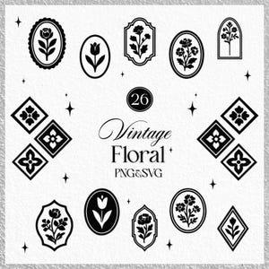 Puede incluir: Un conjunto de 26 ilustraciones florales vintage en blanco y negro. Las ilustraciones son de diversas formas y tamaños, incluyendo círculos, cuadrados y diamantes. Las flores son estilizadas y tienen un diseño simple y elegante.