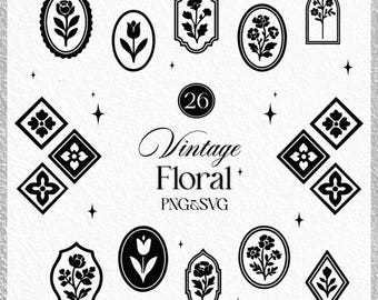 May include: A set of 26 black and white vintage floral illustrations. The illustrations are in various shapes and sizes, including circles, squares, and diamonds. The flowers are stylized and have a simple, elegant design.