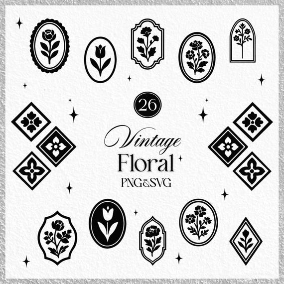 Vintage Floral Clipart: Black Flower Emblems, Retro Botanical Badges (PNG & SVG)