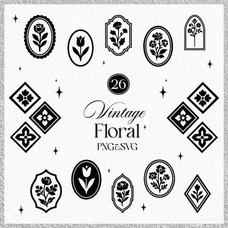 Vintage floral clipart set with 26 black flower emblems and retro botanical badges in PNG and SVG formats, ideal for crafts, logos, and stickers.