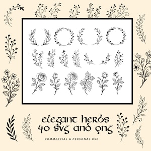 Elegante botanische clipart – 40 kruiden, bloemen en kransen in SVG en PNG voor logo's, ambachten, stickers, uitnodigingen en vintage design