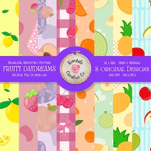 Könnte beinhalten: Ein digitaler Dateidownload mit acht originellen Designs, jedes mit einem nahtlosen, sich wiederholenden Muster. Die Muster zeigen Früchte wie Zitronen, Erdbeeren, Kirschen und Ananas. Das Bild enthält den Text "Fruity Daydreams" und "Rosedale Creative Co."