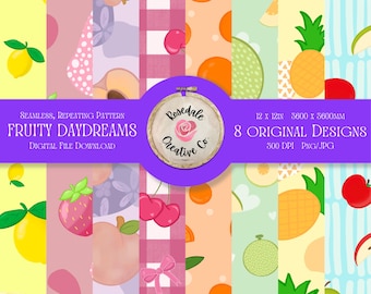 Könnte beinhalten: Ein digitaler Dateidownload mit acht originellen Designs, jedes mit einem nahtlosen, sich wiederholenden Muster. Die Muster zeigen Früchte wie Zitronen, Erdbeeren, Kirschen und Ananas. Das Bild enthält den Text "Fruity Daydreams" und "Rosedale Creative Co."