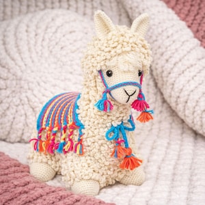 Op de afbeelding: Een crèmekleurige gehaakte lama met een kleurrijke zadeldeken en halster. De lama heeft een pluizig, getextureerd lichaam, kleine oren en een lieve uitdrukking. De zadeldeken heeft strepen in blauw, oranje en roze, met bijpassende kwastjes.