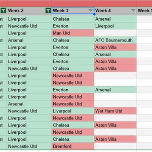 May include: A spreadsheet showing a football schedule, with team names and match results. The table uses colour-coding, with green and red highlighting specific data. The weeks are labelled across the top.