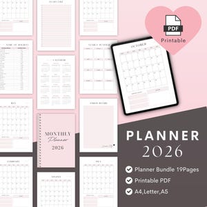 May include: A collection of printable planner pages in a soft pink color scheme. Includes monthly, yearly, and to-do list templates, along with a digital tablet displaying an October calendar. The image also features the text "PLANNER 2026".