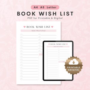 Book Wish List Printable PDF, GoodNotes iPad Soft Pink Reading Tracker, A4 A5 Letter