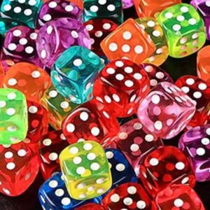 May include: A collection of colorful, transparent dice in various colors including red, green, orange, blue, and purple. Each die has white dots indicating the numbers. The dice are scattered, creating a playful and vibrant image.