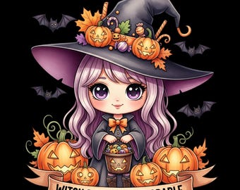 Niedliches Halloween-PNG-Bundle, Kawaii-Geister-Cliparts, gruselige Sublimationsdesigns, Kürbis- und Hexen-Digitaldownload, Süßes oder Saures-PNG