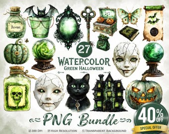 Halloween-Clipart-Bundle in antikem Grün, Vintage-Gothic-Halloween-PNG, Shabby-Chic-Gruselgrafiken, Digitale Kunst für kommerzielle Nutzung im Junk-Journal-Stil
