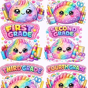 May include: A collection of six colourful stickers featuring rainbow-coloured, glittery, smiling dumpling characters surrounded by school supplies. Each sticker includes text labels for Kindergarten, Pre-K, First Grade, Second Grade, Third Grade, and Fourth Grade.