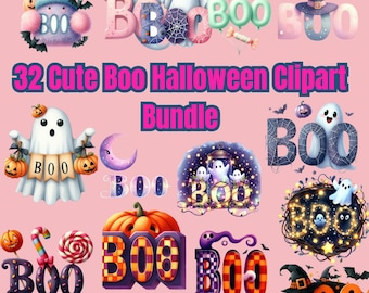 32 niedliche Halloween-Cliparts (Boo-Motive), Kawaii-Geister (PNG), gruselige Halloween-Grafiken, niedliche Geister als digitaler Download, kommerzielle Nutzung (PNG)