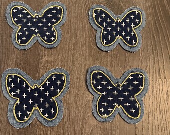 Hand Stitched Sashiko Butterfly Patch  Upcycled Denim Appliqués