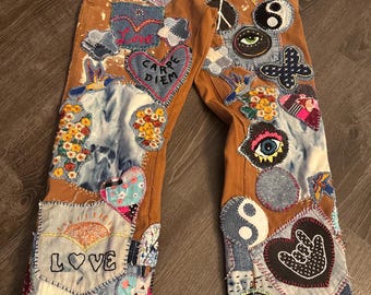 Upcycled Carhartt Carpenter Pants 32x32 – Handmade Patches, Boho Streetwear