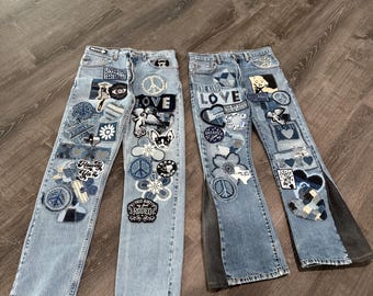 Aplicação de patches personalizados da Levi's e reparos de patches em jeans.