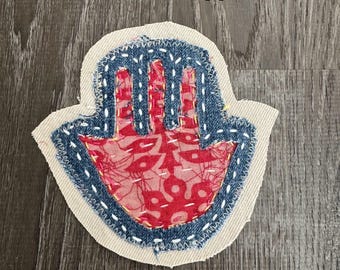 Parches de Hamsa de mezclilla hechos a mano: aplique textil reciclado con costura sashiko / Amuleto de protección espiritual bohemio