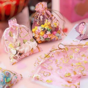 Pink and Gold Heart Organza Favor Bags | Drawstring Gift Bags for Weddings, Baby Showers & Parties | Wedding Favor Bags