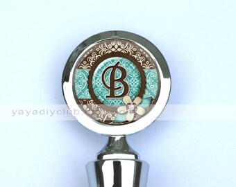 monogram Wine Stopper Teal Blue Brown Damask with Initial Monogram,wedding favors Personalized gifts for women Wedding Wine Stopper