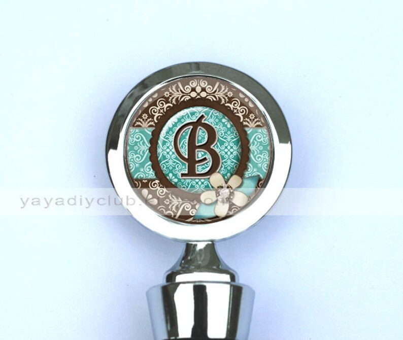 monogram Wine Stopper Teal Blue Brown Damask with Initial Monogram,wedding favors Personalized gifts for women Wedding Wine Stopper