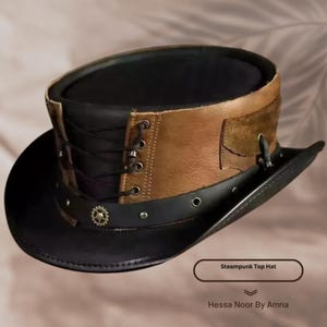 May include: A steampunk top hat with a black brim and crown, accented with brown leather and black lacing. A small, decorative gear is attached to the black band. The hat is a unique accessory.
