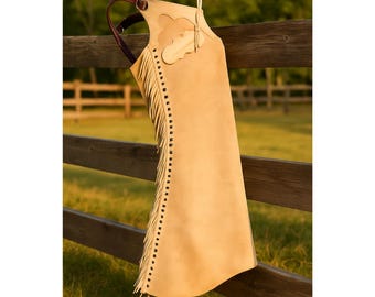 Suede Leather Chinks Western Rodeo Cowboy Chaps with Fringe