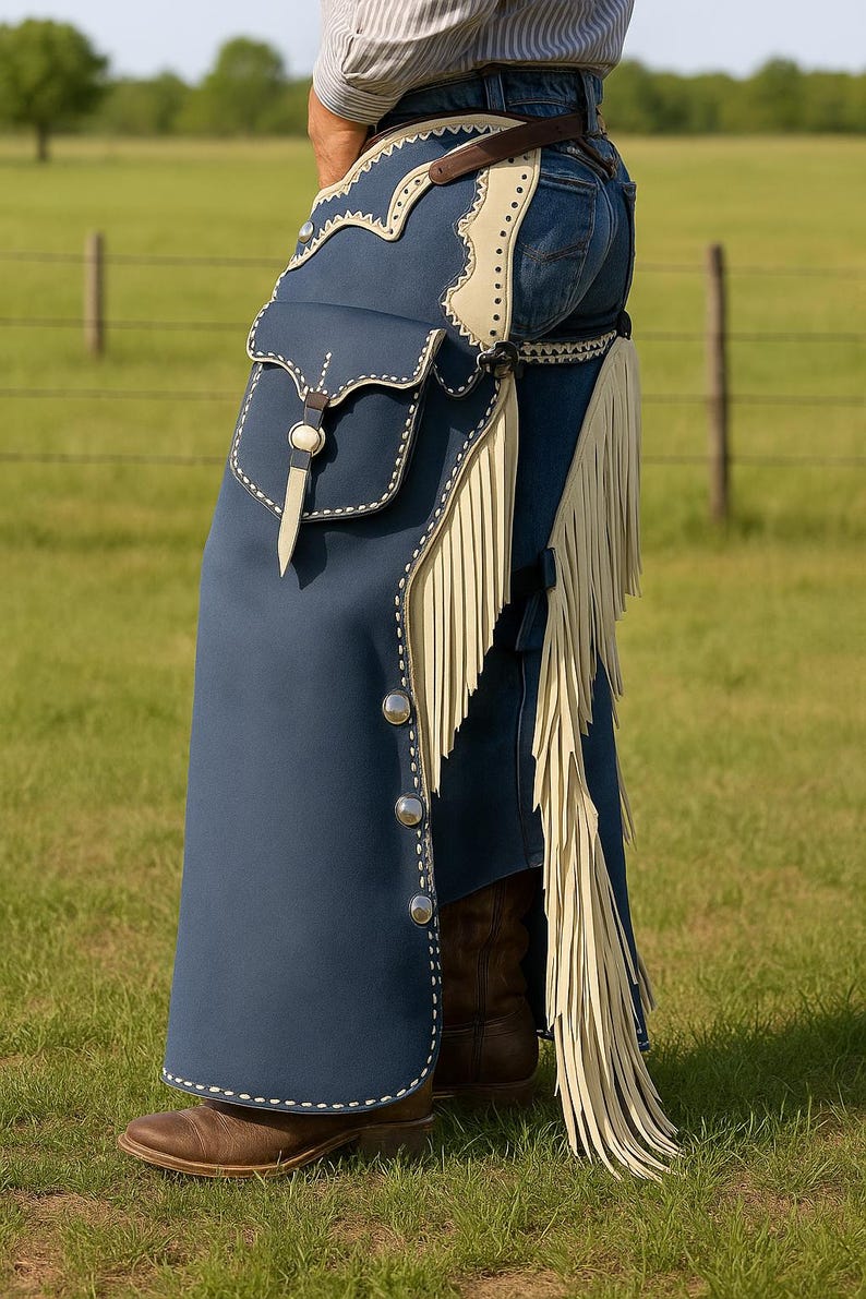 May include: Navy blue leather chaps with cream-colored fringe and accents. The chaps feature a pocket, decorative stitching, and silver-colored buttons. The person is wearing brown cowboy boots and blue jeans.