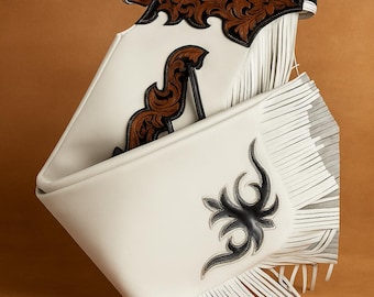 Leather Rodeo Chaps Hand Tool chinks Western Batwing leather Fringe Design