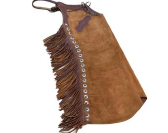 Suede Cowboy Chaps Western Rodeo Gear with Fringe & Conchos style