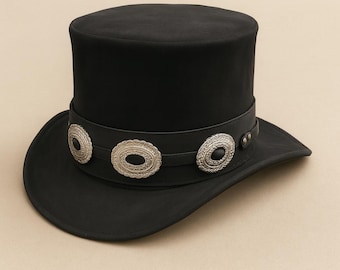 Suede Leather Top Hat Steampunk  Conchos Band Cosplay Western Hat