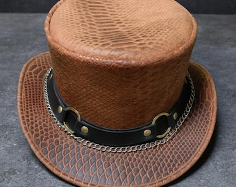 Chapéu Outback de couro marrom com aba larga, estilo cowboy ocidental, feito à mão para o Natal.