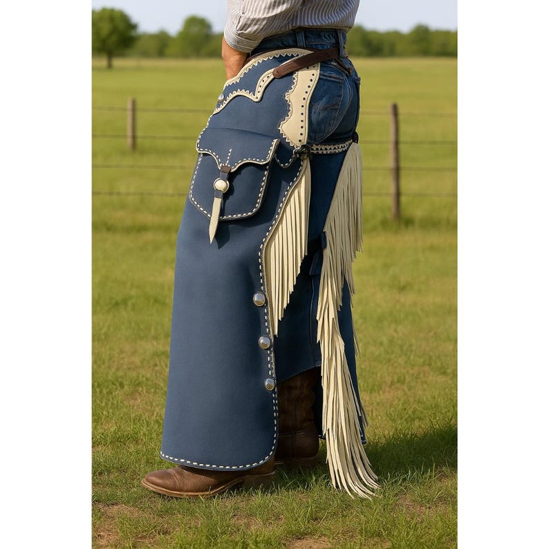 May include: Blue leather chaps with cream-colored fringe and accents. The chaps feature a pocket, decorative stitching, and silver-tone buttons. A brown leather belt and cowboy boots complete the Western look.