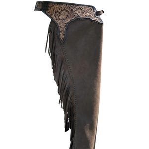 Hand-Tooled Leather Rodeo Western Shotgun Dark Brown Color Suede Leather Chap, Custom Chap Cowboy Show Chap, Gift for her & him Western Wear