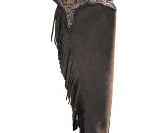 Chaparrera de rodeo de cuero repujado a mano, color marrón oscuro, de gamuza, ideal como regalo, ropa vaquera personalizada.