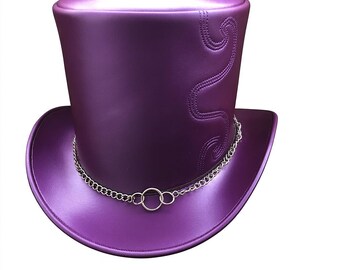Sombrero de copa de cuero con banda de cadena estilo gótico steampunk morado