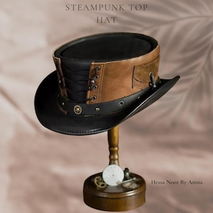 Black & Brown Leather Top Hat Handcrafted Top Hat Waisted Corset Style Gothic Hat / Steampunk Top Hat Gifts For Him , Gifts For Men