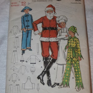 May include: A vintage sewing pattern for a Santa Claus, chef, and jester costume. The pattern is from Butterick, number 6299, and is for sizes 7-12 boys and 38-44 men. The pattern includes instructions and diagrams for sewing the costumes.