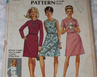 UNCUT Vintage 1960s 1967 Simplicity 7502 Sewing Pattern Mod Belted A-Line Dress half Size 16.5 Bust 39