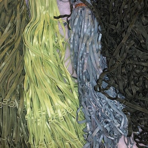 May include: A large pile of green, light green, and blue bra straps. The straps are made of elastic material and have metal clasps.