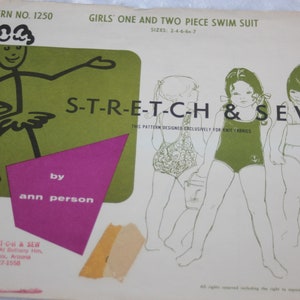 UNCUT Vintage Stretch & Sew Sewing Pattern 1250 Girls one two piece bikini swim suit bathing suit princess neckline sizes 2 - 7