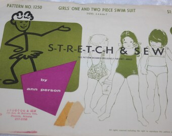 UNCUT Vintage Stretch & Sew Sewing Pattern 1250 Girls one two piece bikini swim suit bathing suit princess neckline sizes 2 - 7