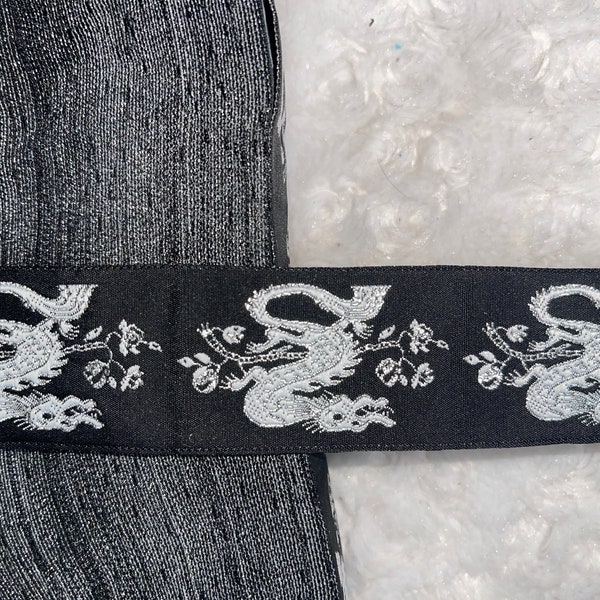 3 yards Black White Silver Chinese Dragon Jacquard Ribbon | Asian Dragon Ribbon | Sew on Jacquard Ribbon Trim 1.25" wide