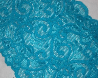 4 yards Bright Turquoise White two tone toned galloon sheer floral stretch lace 5.75" wide