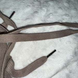 May include: A pair of brown shoelaces with silver metal aglets.