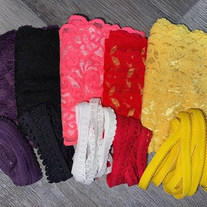 Lot 10 yards purple black pink white red yellow STRETCH galloon lingerie lace 5&quot; 5.5&quot; wide for bra bras matching 15 yards Picot sewing kit