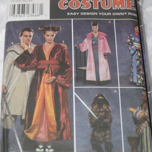 May include: Simplicity Costume pattern number 3944, easy design your own robe. The pattern includes five different costume designs: a long, burgundy robe with a gold sash, a long, pink robe with a black sash, a long, blue and white robe with floral print, a long, striped robe with a hood, and a long, striped robe with a hood and a sword.