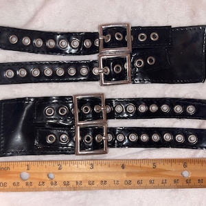 Lot 2 black vinyl shiny pleather grommet mini belts with silver metal buckle eyelets 7&quot; long 2&quot; wide