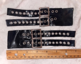 Lot 2 black vinyl shiny pleather grommet mini belts with silver metal buckle eyelets 7" long 2" wide