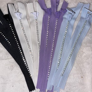 Set of 2 rhinestone zippers 6” long black white baby blue lavender closed end