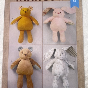 UNCUT Kwik Sew Sewing Pattern K4373 Teddy Bear, Bunny Rabbit, Stuffed Toy, 17&quot; & 21&quot; Soft Animal Doll Figure, DIY Baby Shower Birthday Gift